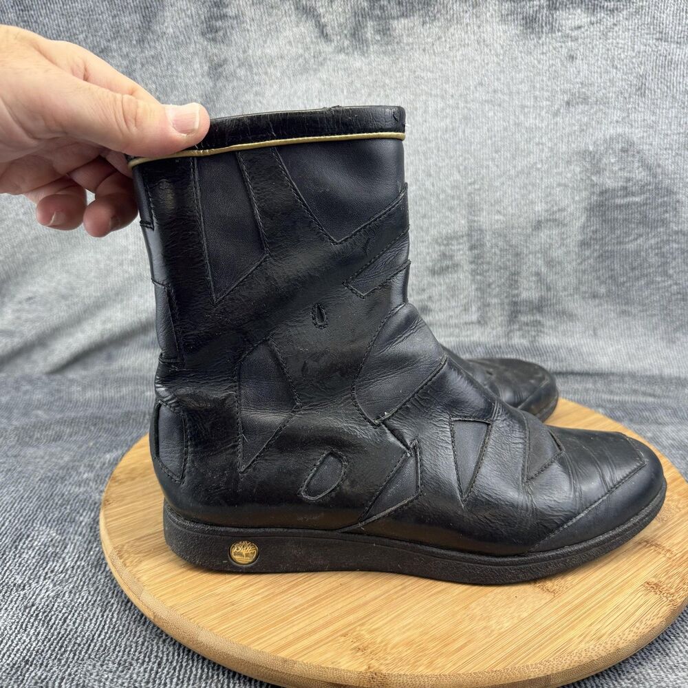 Timberland Boots Womens Size 7.5 Black Leather Patchwork Zip Mid Calf Booties